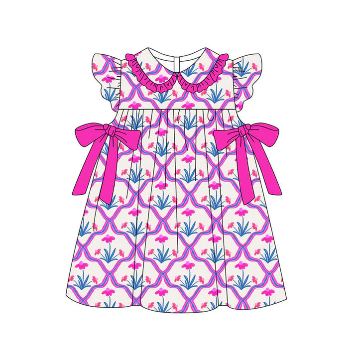 Preorder(moq 5) Baby Girls Hot Pink Flowers Checked Bows Collar Knee Length Dresses 11.14