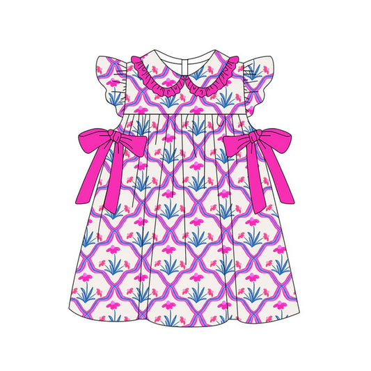 Preorder(moq 5) Baby Girls Hot Pink Flowers Checked Bows Collar Knee Length Dresses 11.14
