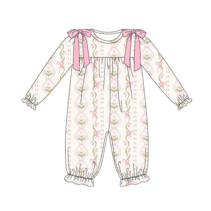 Preorder (moq 5)Baby Girls Long Sleeves Pink Bows Flowers Stripe Ruffle Pant Romper 7.5