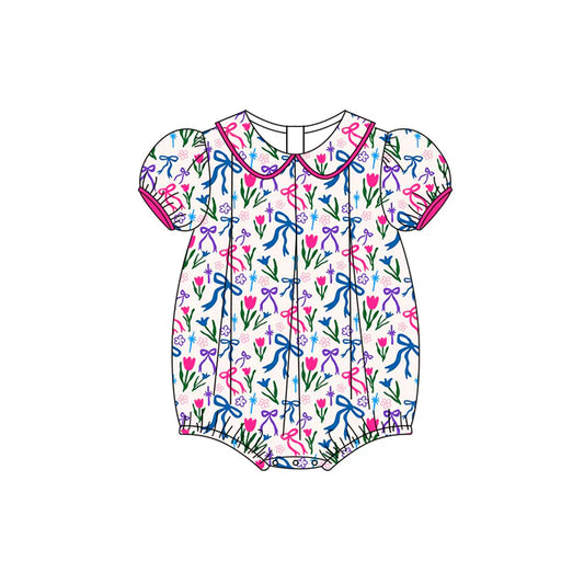 Preorder (moq 5)Baby Girls Short Ruffle Sleeves Colorful Bows Flowers Ruffle Rompers 5.14
