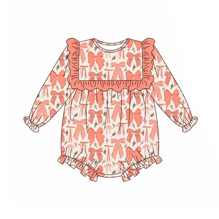 Preorder (moq 5)Baby Girls Long Sleeves Peach Leaves Bows Ruffle Rompers 5.17
