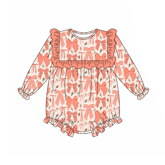 Preorder (moq 5)Baby Girls Long Sleeves Peach Leaves Bows Ruffle Rompers 5.17