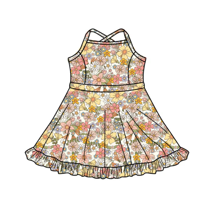 Preorder(moq 5) Baby Girls Strap Floral Shorts Ruffle Knee Length Dresses 10.17