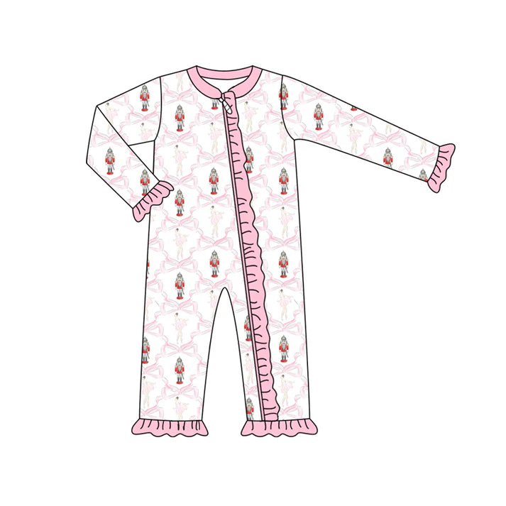 Preorder (moq 5)Baby Girls Long Sleeves Pink Bows Soldiers Ruffle Zipper Romper 7.7
