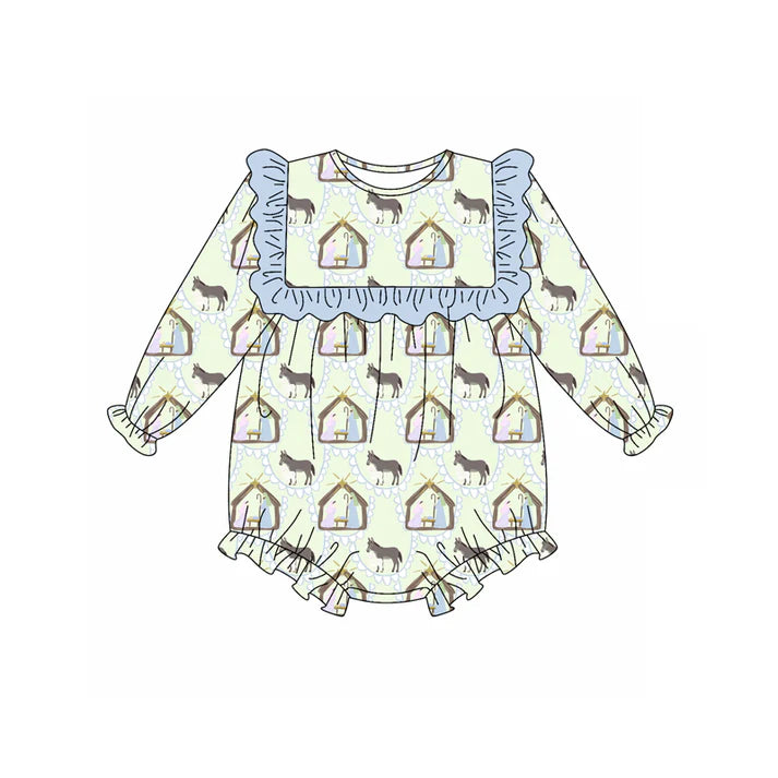Preorder (moq 5)Baby Girls Long Sleeves Donkey Jesus Ruffle Rompers 5.17