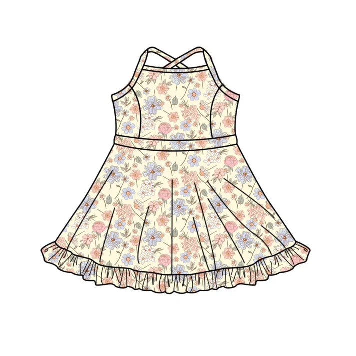 Preorder(moq 5) Baby Girls Strap Floral Shorts Ruffle Knee Length Dresses 10.17