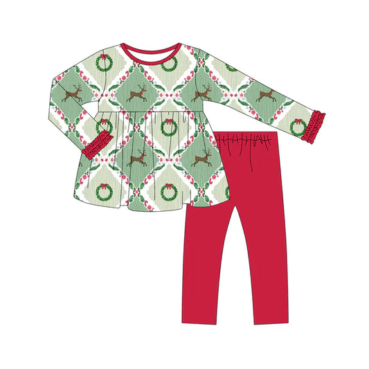 Preorder (moq 5)Baby Girls Long Ruffle Sleeves Holly Deer Plaid Tunic Red Legging Pant Sets 6.10