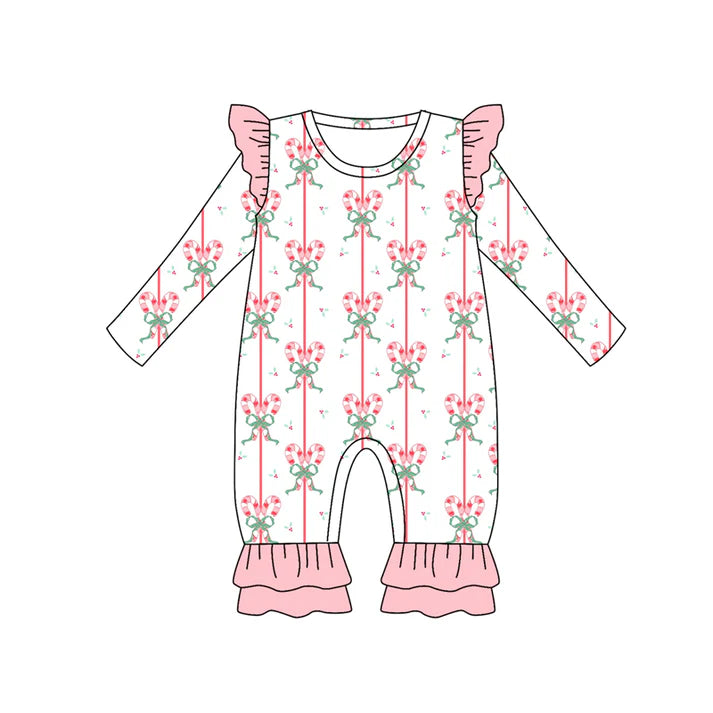 Preorder (moq 5)Baby Girls Long Sleeves Pink Bows Candy Cane Stripe Ruffle Pant Romper 7.7