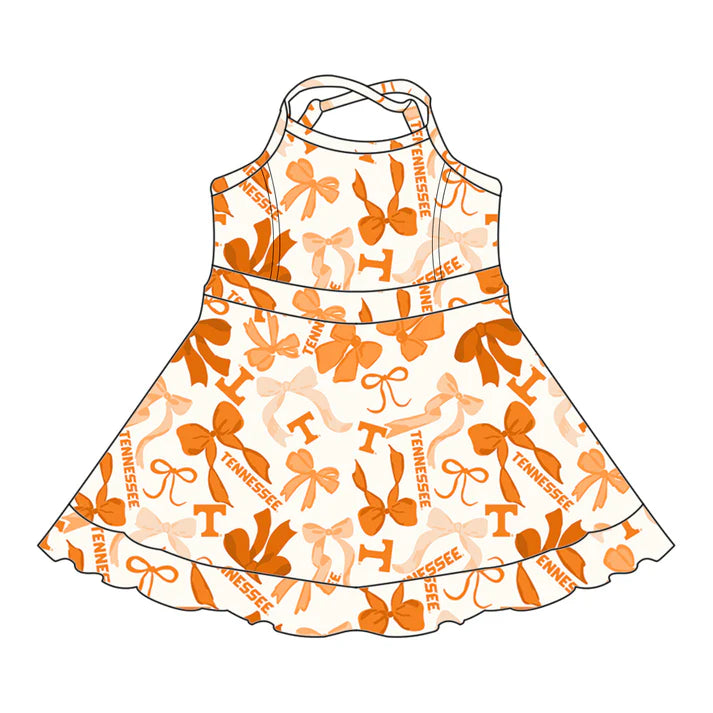 Preorder (moq 5)Baby Girls Orange Strap Bows Plaid Tennessee Short Ruffle Team Knee Length Dresses