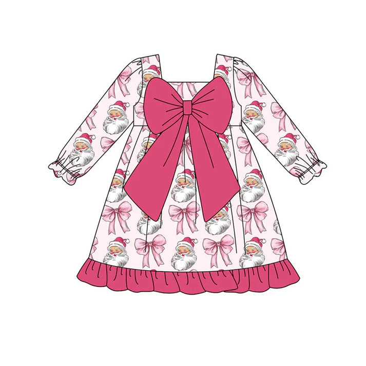 Preorder (moq 8)Baby Girls Pink Santa Bows Christmas Ruffle Knee Length Dresses 9.18