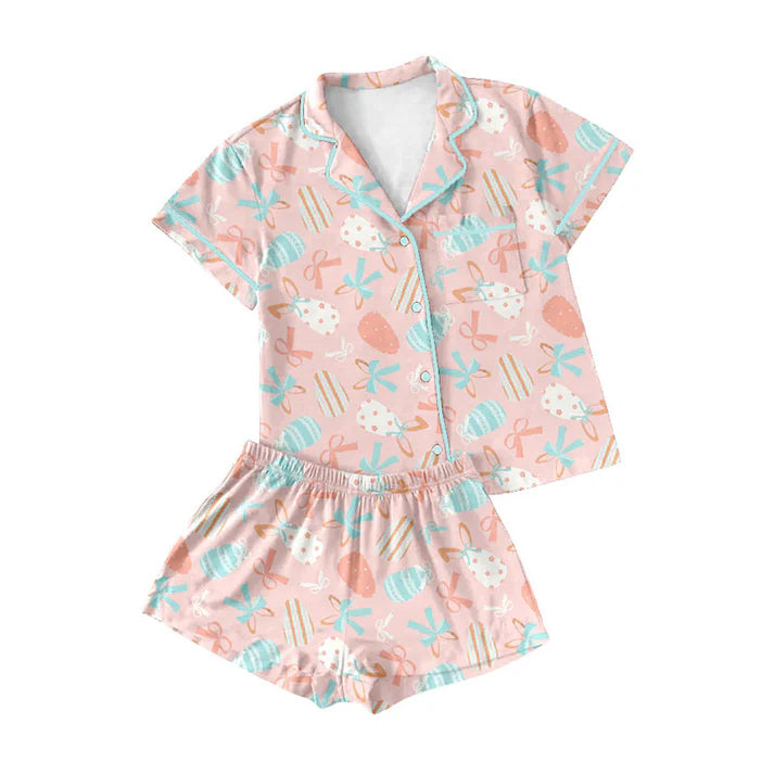 Preorder (moq 8)Baby Girls Colorful Bows Eggs Button Pocket Top Shorts Easter Pajamas Sets 9.16