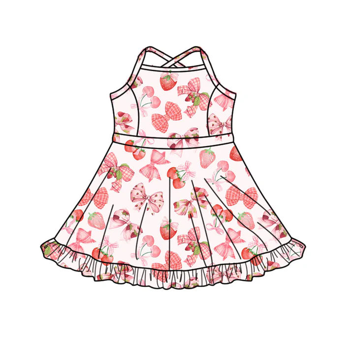 Preorder(moq 5) Baby Girls Strap Bows Strawberry Shorts Ruffle Knee Length Dresses 10.17
