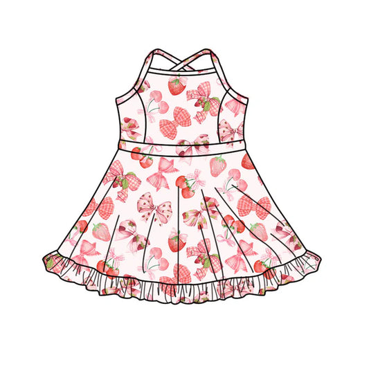 Preorder(moq 5) Baby Girls Strap Bows Strawberry Shorts Ruffle Knee Length Dresses 10.17