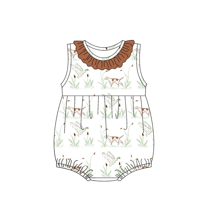 Preorder (moq 5)Baby Girls Brown Sleeveless Ducks Dogs Ruffle Rompers 4.28