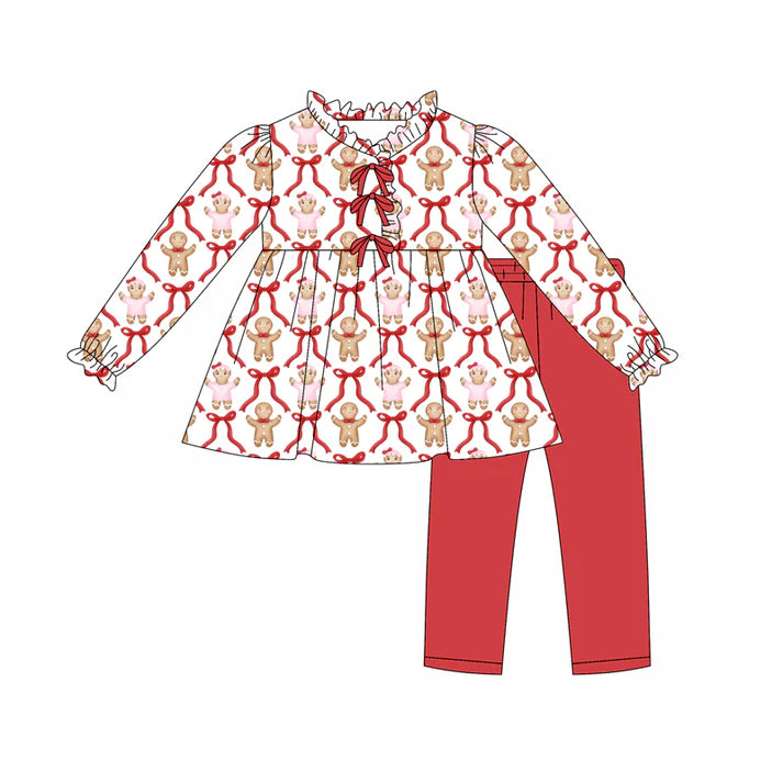 Preorder (moq 5)Baby Girls Christmas Gingerbread Bows Tunic Top Ruffle Pants Outfits Sets 8.11