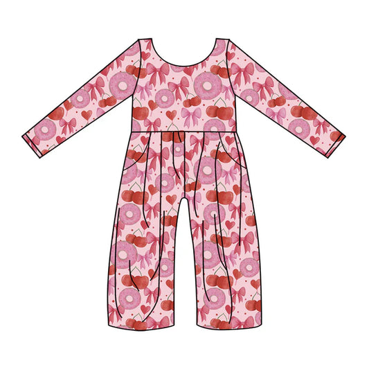 Preorder (moq 5)Baby Girls Pink Donuts Hearts Bows Valentines Pockets Jumpsuits 11.20