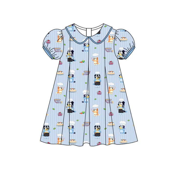 Preorder (moq 5)Baby Girls Blue Stripe Short Ruffle Sleeves Cartoon Dogs Knee Length Dresses 4.25