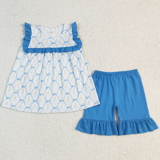 Baby Girls Clothes Blue Bows Flowers Tunic Tops Ruffle Shorts Sets GSSO2004