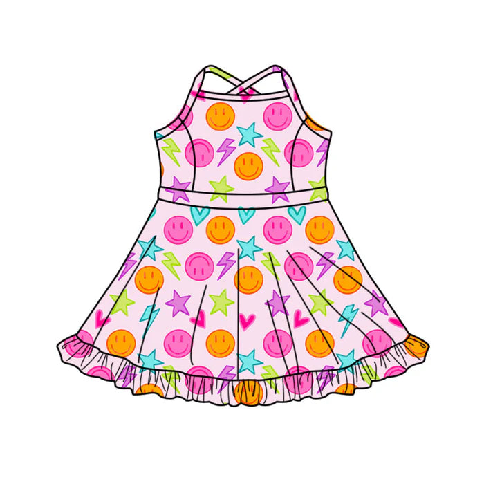 Preorder(moq 5) Baby Girls Strap Colorful Smiles Stars Shorts Ruffle Knee Length Dresses 10.17