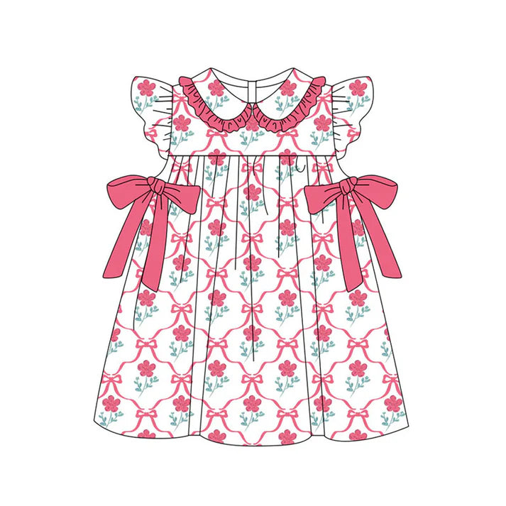 Preorder(moq 5) Baby Girls Peach Flowers Checked Bows Collar Knee Length Dresses 11.14