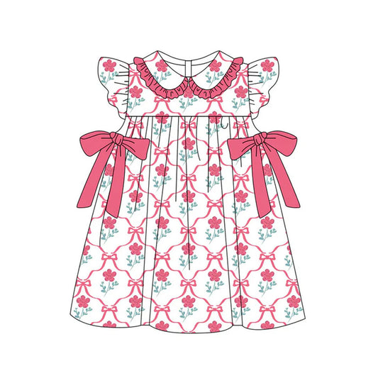 Preorder(moq 5) Baby Girls Peach Flowers Checked Bows Collar Knee Length Dresses 11.14