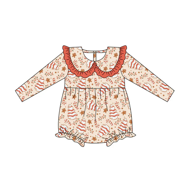 Preorder (moq 5)Baby Girls Long Sleeves Candy Cane Trees Lights Ruffle Romper 7.5