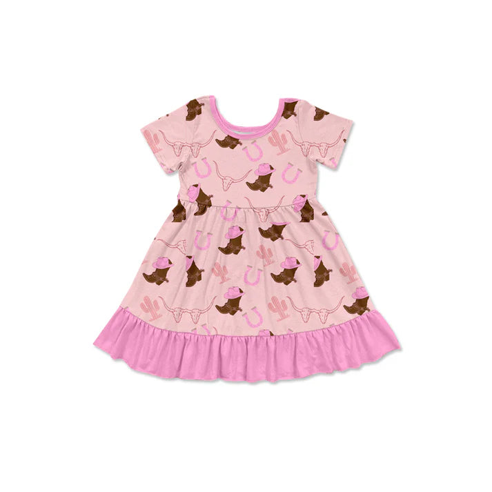 Preorder (moq 5)Baby Girls Hat Boots Bull Skulls Western Ruffle Knee Length Dresses 11.26
