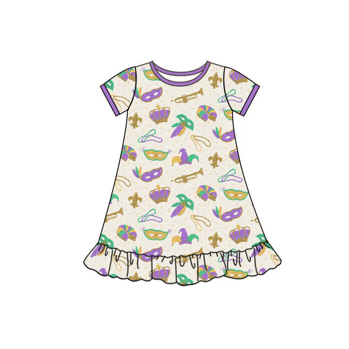 Preorder(moq 5) Baby Girls Mardigras Short Sleeve Anchors Masks Ruffle Knee Length Dresses 10.10