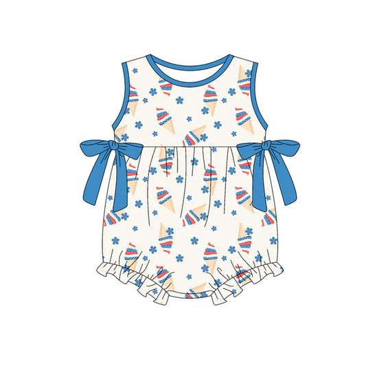 Preorder (moq 5)Baby Girls Sleeveless Flowers Ice Creams Bows 4th of July Ruffle Rompers 12.30