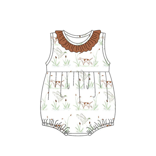 Preorder (moq 5)Baby Girls Brown Sleeveless Ducks Dogs Ruffle Rompers 5.14
