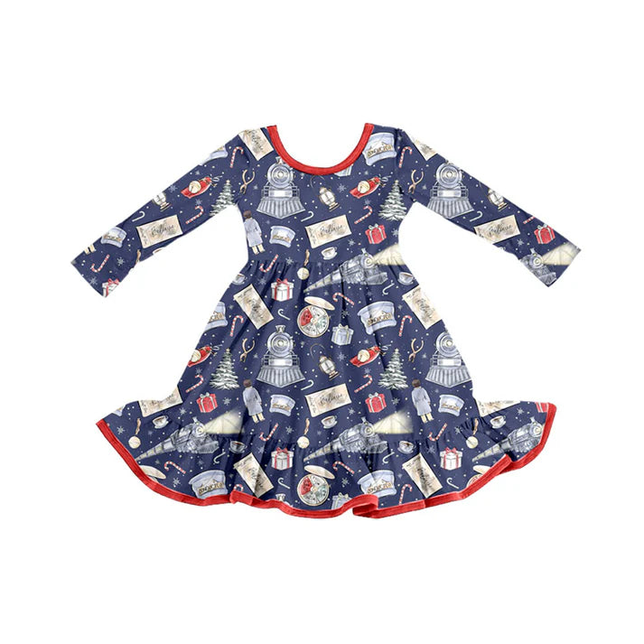 Preorder (moq 5)Baby Girls Gifts Candy Cane Christmas Ruffle Knee Length Dresses 9.4