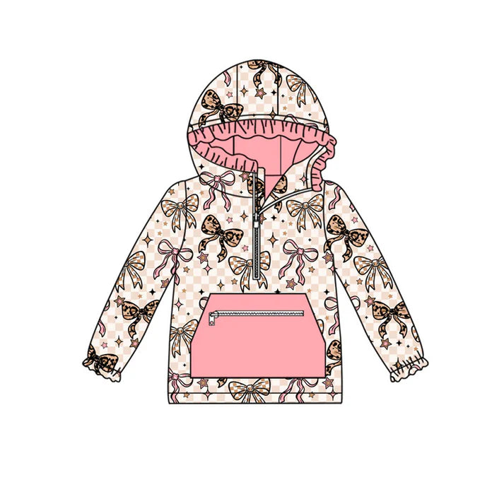 Preorder (moq 8)Baby Girls Bows Stars Checked Pocket Zipper Ruffle Hoodies Top 9.8
