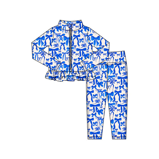 Preorder(moq 5) Baby Girls Hot Blue Bows Zipper Jacket Leggings Clothes Sets 10.31