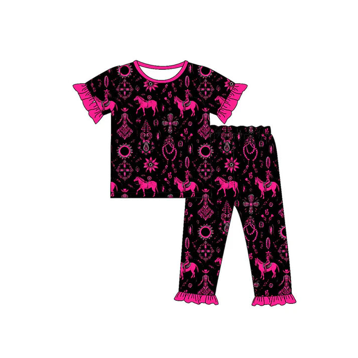 Preorder (moq 5)Baby Girls Horses Rodeos Turquoises Top Ruffle Pants Western Pajamas Sets 11.24