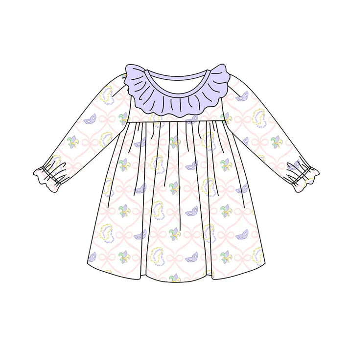 Preorder(moq 5) Baby Girls Bows Masks Checked Mardigras Collar Knee Length Dresses 10.16