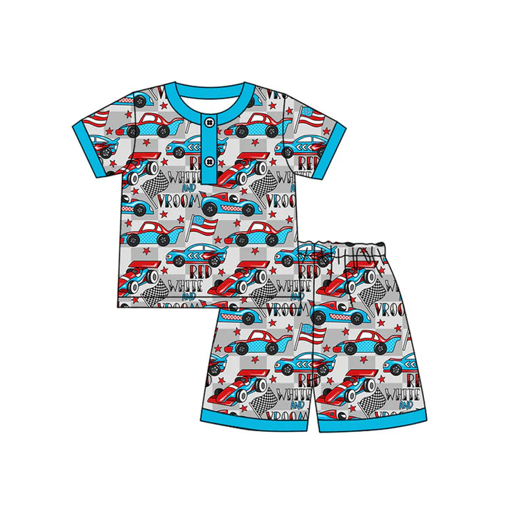 Preorder moq 5 Baby Boys Short Sleeves Cars Stars Button Top Shorts 4th Of July Pajamas Set 4.14