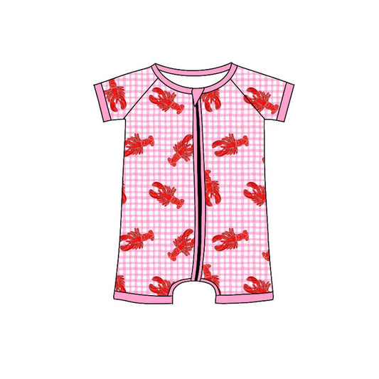 Preorder (moq 5)Baby Girls Pink Checked Short Sleeve Crayfishes Zipper Rompers 11.4