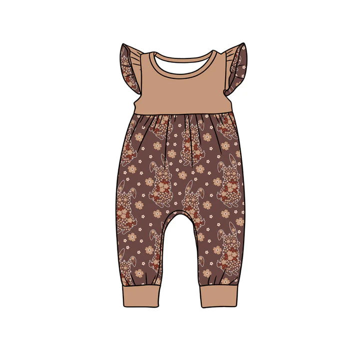 Preorder (moq 5)Baby Girls Flutter Sleeve Brown Floral Rabbits Easter Footie Rompers 12.16