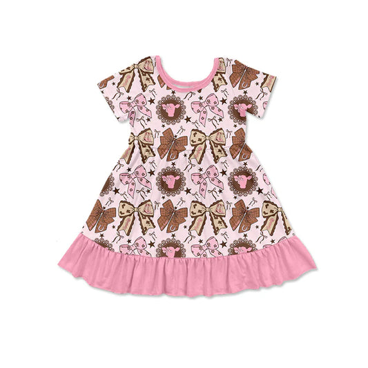 Preorder (moq 5)Baby Girls Pink Bows Highland Cows Western Ruffle Knee Length Dresses 12.6