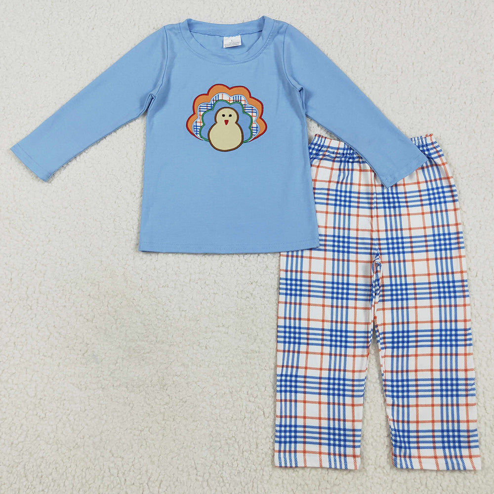 Thanksgiving Baby Boys Clothes Turkey Embroidery Top Checkered Pants Sets GLP2409 BLP1079 7.10