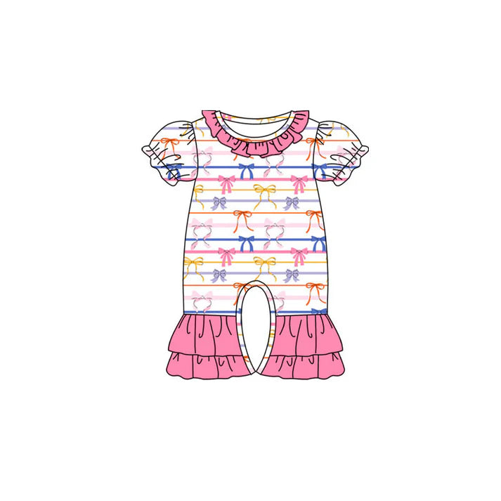 Preorder (moq 8)Baby Girls Colorful Bows Stripe Ruffle Footie Rompers 9.15