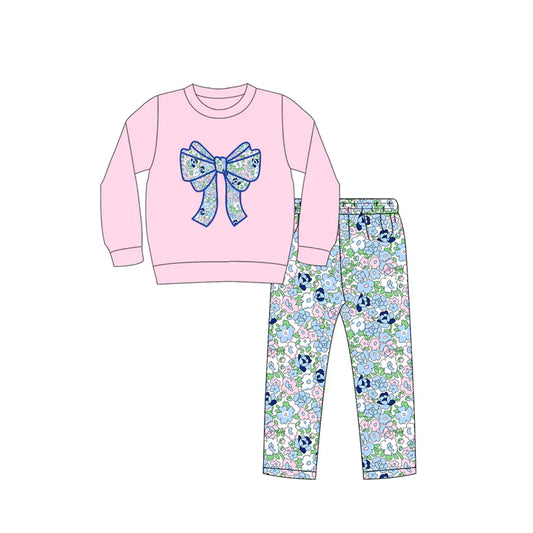 Preorder (moq 5)Baby Girls Pink Bow Top Floral Legging Clothes Sets 7.21