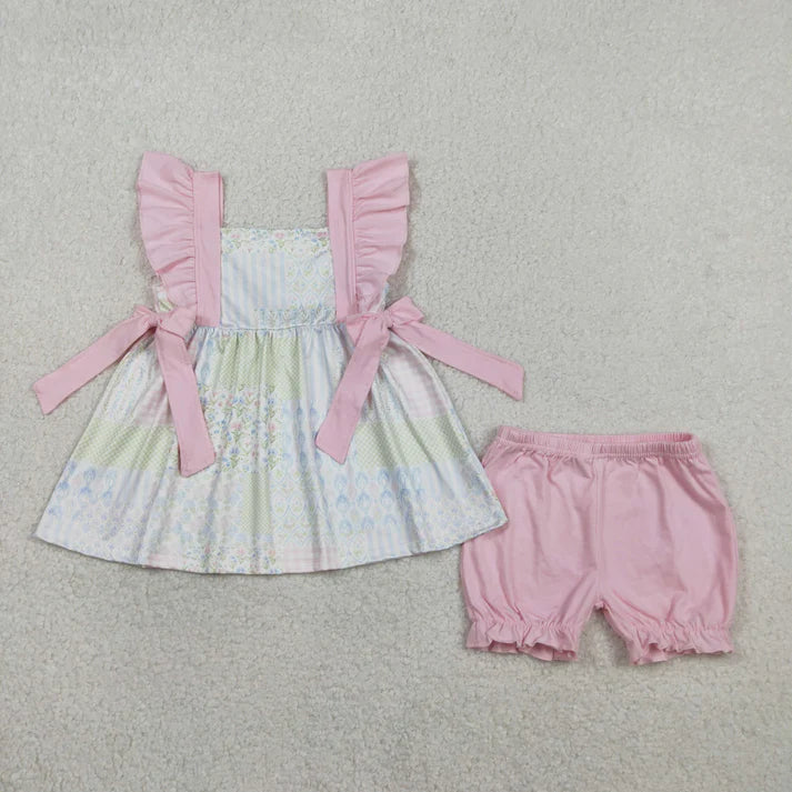 Sibling Baby Girls Flowers Checked Tunic Ruffle Shorts Clothes Set Knee Length Dress Rompers