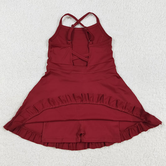 Baby Girls Dress Dark Red Strap Shorts Yoga Knee Length Athletic Dresses S0568 7.18
