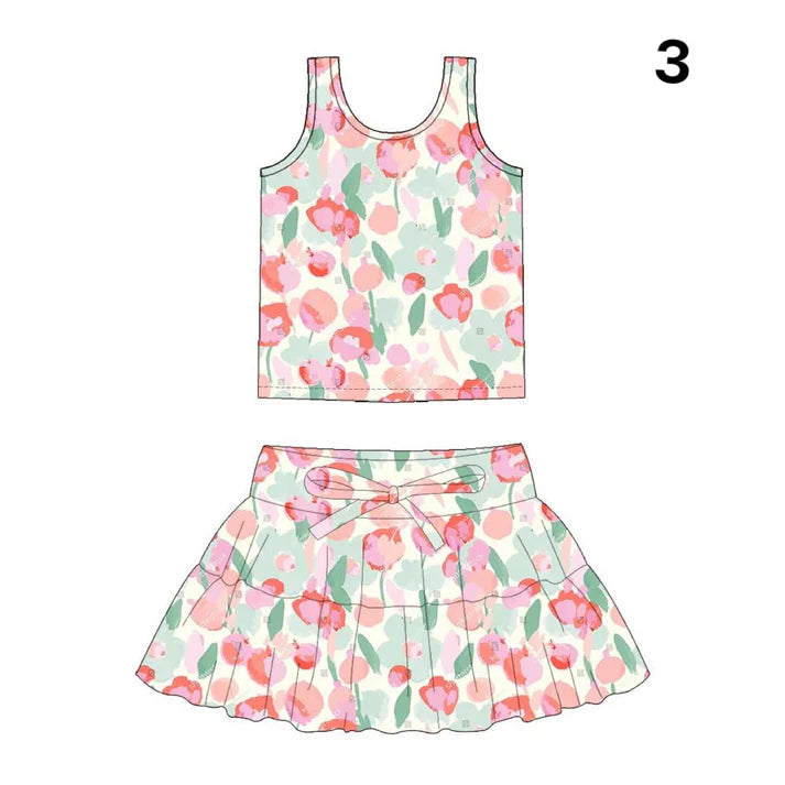 Preorder (moq 5)Baby Girls Tie-dye Flowers Vests Top Skirt Shorts Clothes Sets 1.14