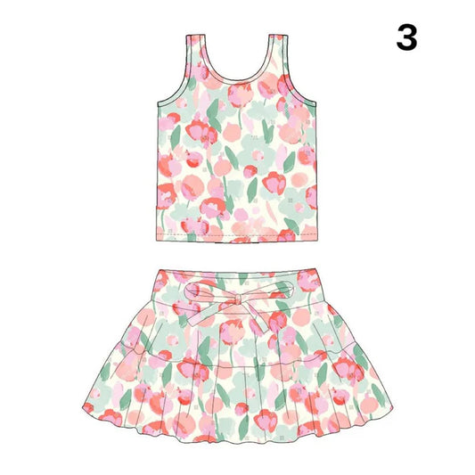 Preorder (moq 5)Baby Girls Tie-dye Flowers Vests Top Skirt Shorts Clothes Sets 1.14