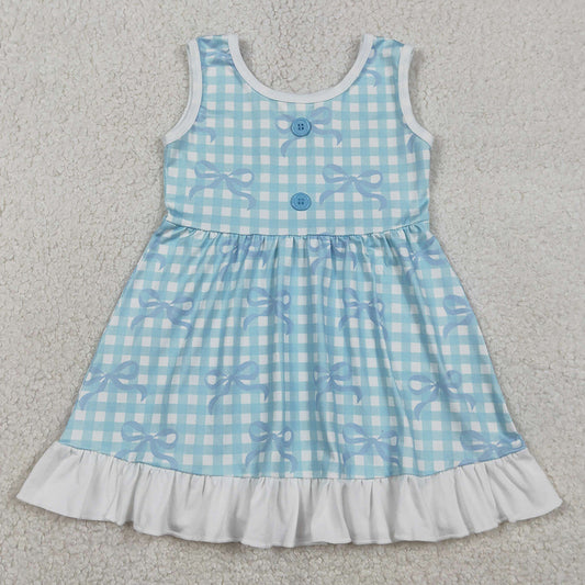 Baby Girls Dress Blue Checked Bows Sleeveless Ruffle Knee Length Dresses GSD3144 12.31