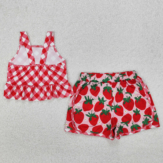 Baby Girls Clothes Red Checkered Straps Top Strawberry Shorts Sets GSSO2037