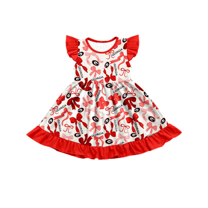 Preorder (moq 5) flutter sleeves red G bows girls team dress 8.26