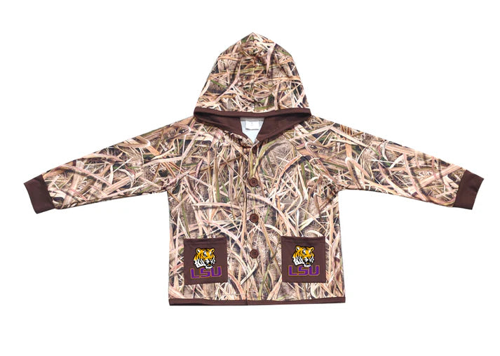 Preorder (moq 5)Baby Boys Khaki Leaves Camo LSU Tigers Pockets Team Button Hoodie Jackets Top 11.22